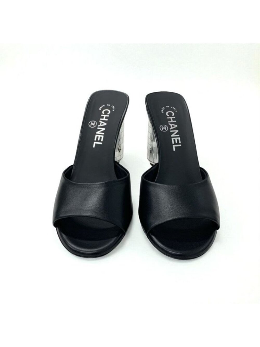 Chanel Sandals Shoes Leather Black Silver Coco Mark - Picture 3 of 10